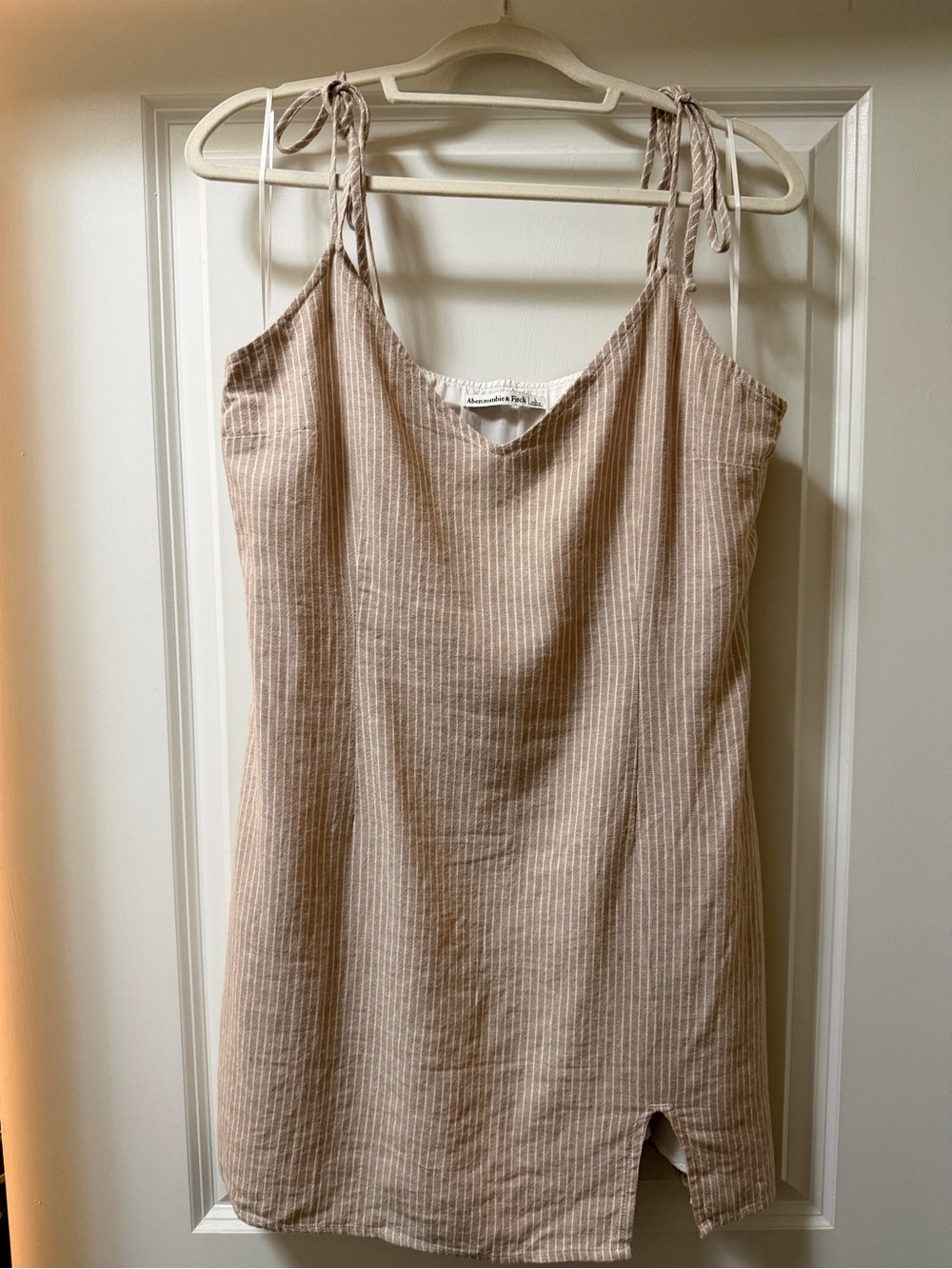 Abercrombie & Fitch Beige Striped Tie-Shoulder Linen Dress